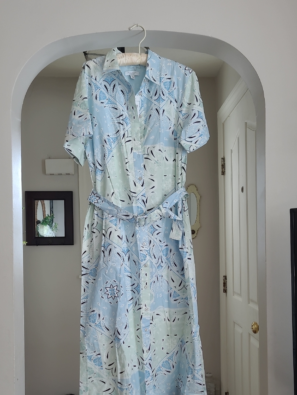 Womens Ann Taylor Weekend Blue Paisley Midi Shirt Dress With Pockets Size 14